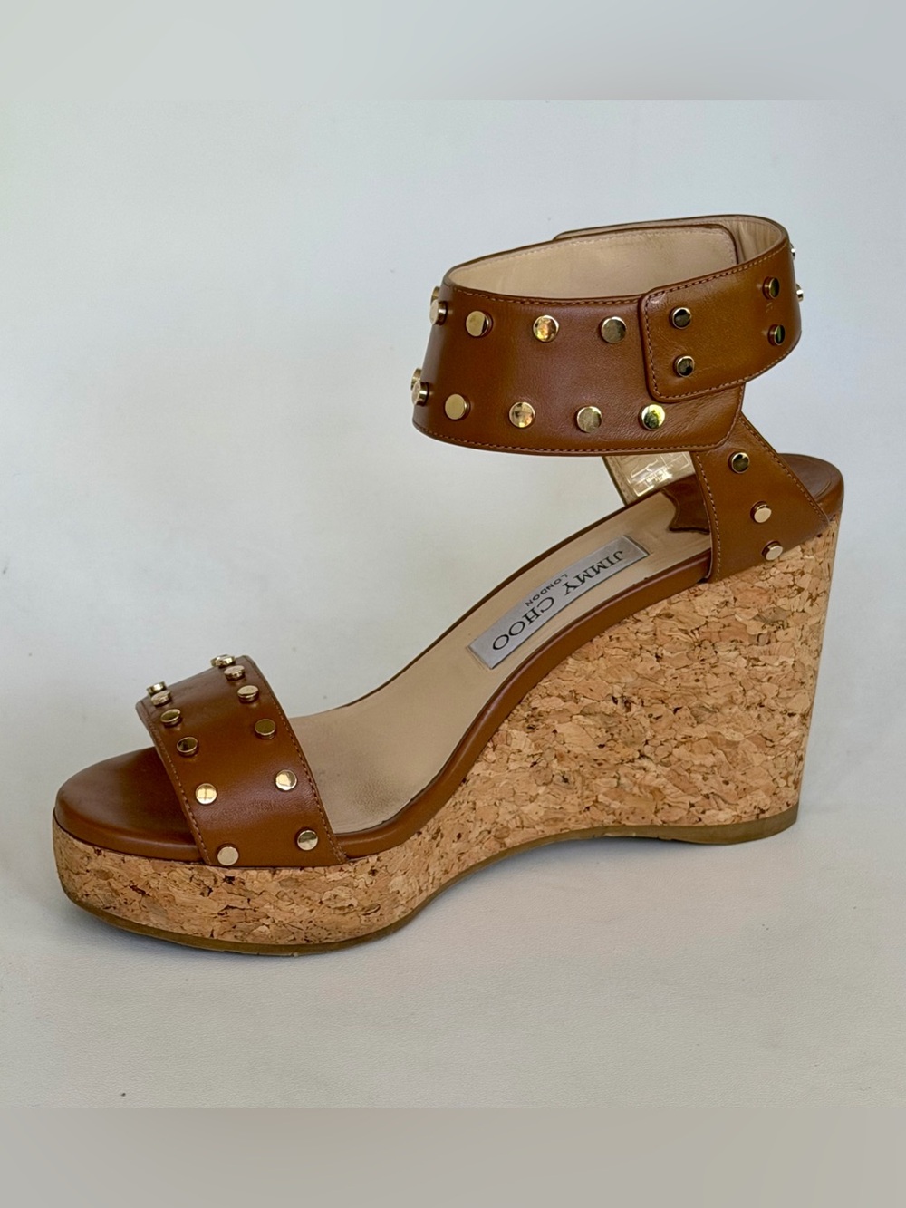 Jimmy Choo Tan Leather Cork Platform Wedge Sandals with Gold Studs